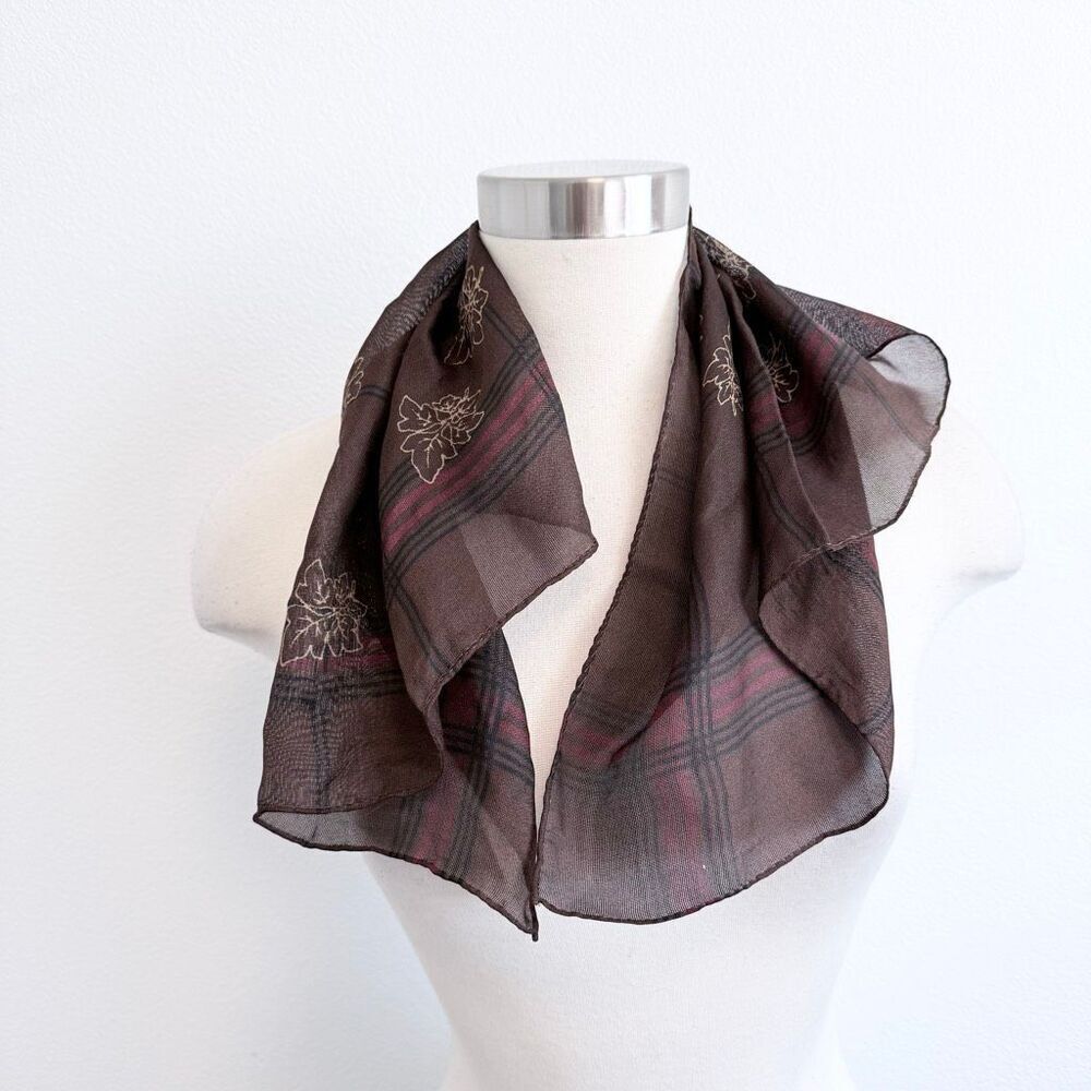 Silk Calvin Klein Brown Leaf Plaid Scarf Square Red Tartan VTG